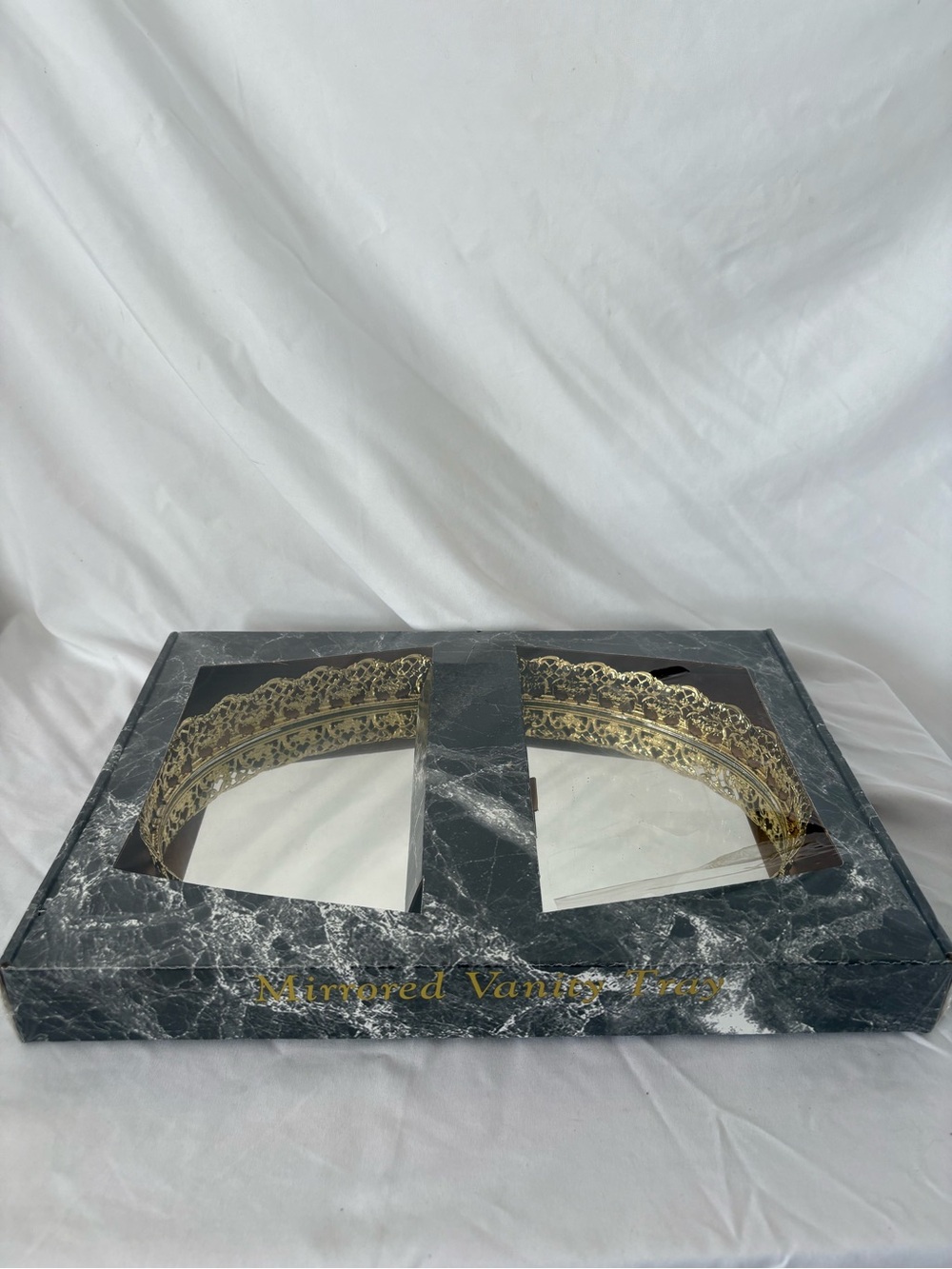 Vintage mirrored vanity tray metal baroque deadstock new in box home decor glam